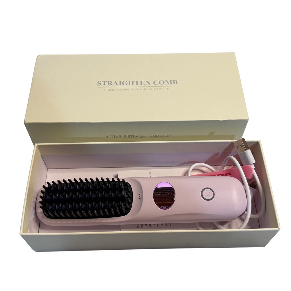 Cordless Hair Straightener Comb Pink USB Rechargeable Portable Mini Travel Brush
